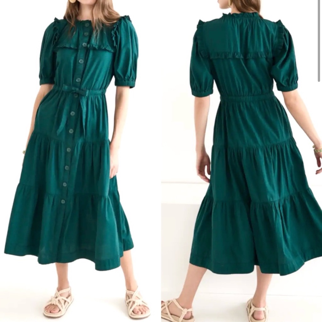 Sea Ny Sibylle Solid Dress Forest Poplin Tiered Skirt Ruffle Pockets Medium